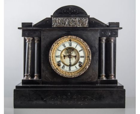 American black marble mantel clock, architectural case with a shaped pediment, ivorine chapter ring, Ansonia movement, height