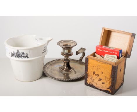 Box of miscellany, playing cards, Roman lamp in resin, chamberstick. candle snuffer, pipe etc, (one box).