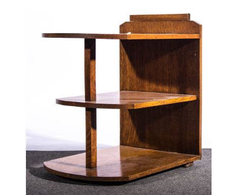 Art Deco oak three-tier bow-front stand, depth 62cm.