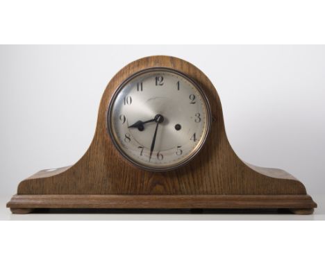 Oak cased mantel clock, Napoleon hat shape, French movement. 
