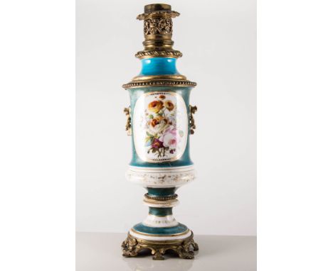 French porcelain table lamp, blue ground with floral panels
