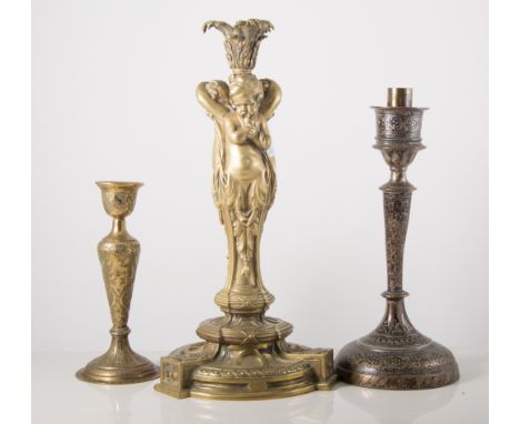 Victorian cast brass lamp base with cherub column, height 34cm, pair of Girandole and candlesticks, (13).