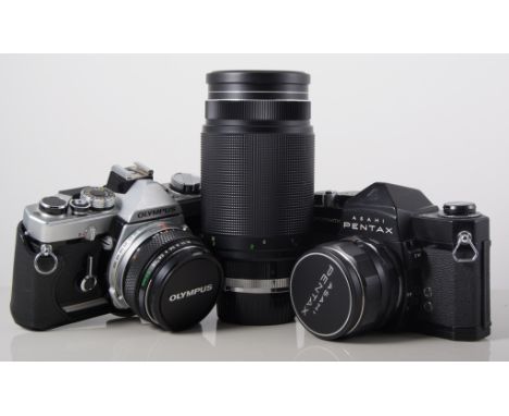 Asahi Pentax camera, other cameras, lenses, accessories, together with a telescope and a pair of binoculars. (1 box)