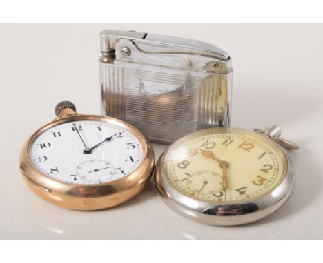 9ct gold cased pocket watch, two others and a lighter.