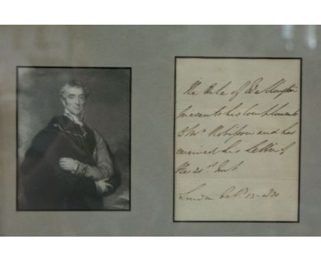 Portrait of the Duke of Wellington, print, with a letter from his secretary, "The Duke of Wellington presents his compliments