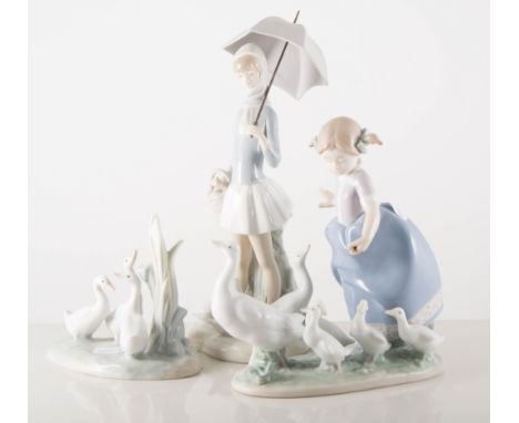 Collection of Lladro, Nao and other Spanish style figures, pair of Lladro doves, rabbits, Nao geese, figures of girls with ge