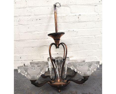 French oxidised copper centre light fitting, frosted ice pattern shades, with stalactite pendant motifs, marked Ezah, France,