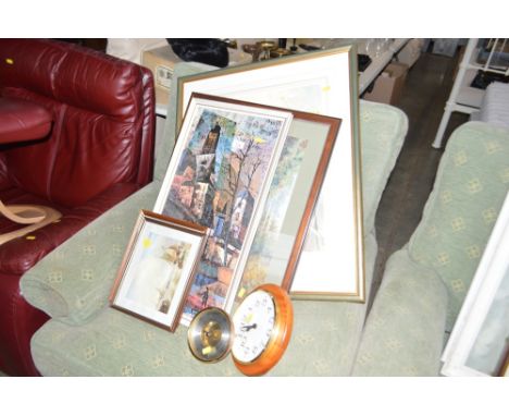 A pine wall clock; a barometer; and various pictures and prints