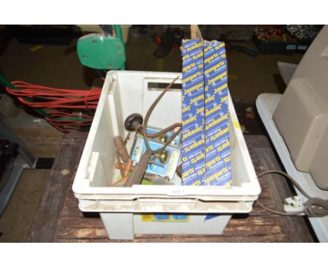 A box of various hand tools; and fittings