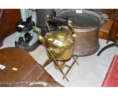 A brass spirit kettle and warmer on stand by Williams Souter &amp; Sons