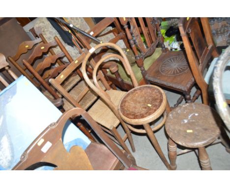 An elm seated stool; together with a bentwood high chair; string seated bar back chair; and two ladder back chairs 