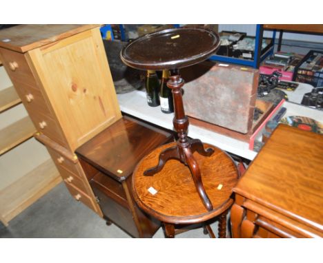 A barley twist side table; with a tripod wine table; and a bedside cupboard 