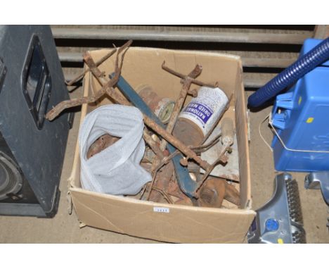 A large adjustable spanner and a box containing numerous old tools etc