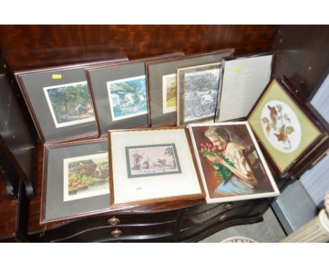 A quantity of various pictures and prints to include a n oil on board portrait study, pencil sketch of a church etc.