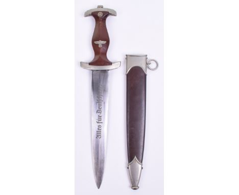 Third Reich SA Enlisted Mans Dress Dagger, brown wooden handle with metal eagle and enamel SA device inserted into handle. Lo