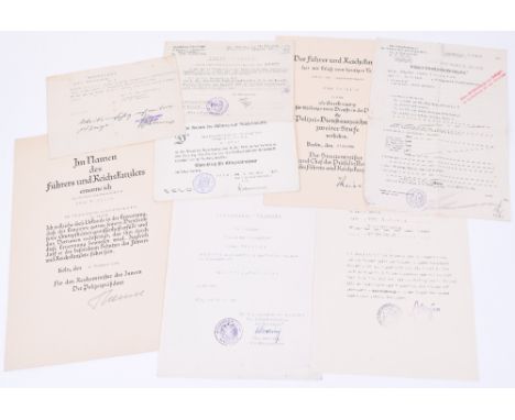 WW2 Third Reich Police Document Grouping, awarded to Johann Burmann from Koln. Citations include his Hindenburg cross citatio