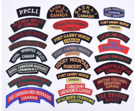 Selection of Canadian Cloth Regimental Shoulder Titles, being embroidered and printed examples of various regiments, includin