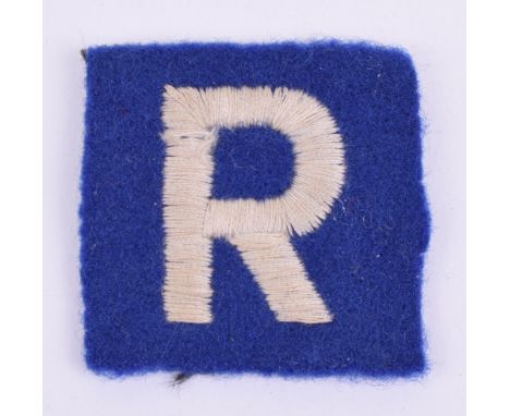 WW2 R Force Engineers Cloth Formation Sign, white embroidered R on blue square. Good condition example.