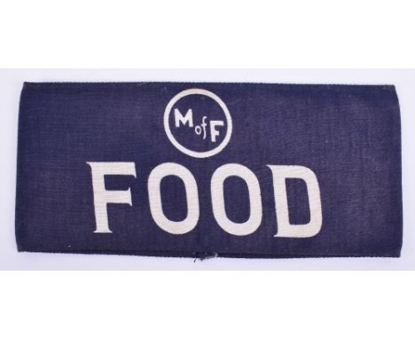 WW2 Home Front Ministry of Food Armband, blue cotton armband with white printed M of F in circle above white printed FOOD. Go