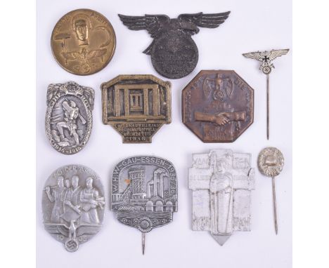 Third Reich Rally Badges and Stick Pins, including example for RLB rally in Dusseldorf 1938 (no pin fitting to reverse), WHW 