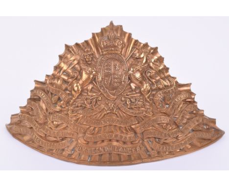 Post 1902 16th Lancers Other Ranks Lance Helmet Plate, brass example with two screw post fittings on the reverse.