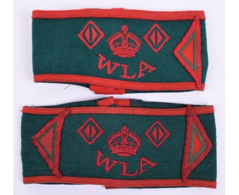 2x WW2 Women’s Land Army Armbands, both being constructed of green felt with red embroidered Imperial crown to centre with WL