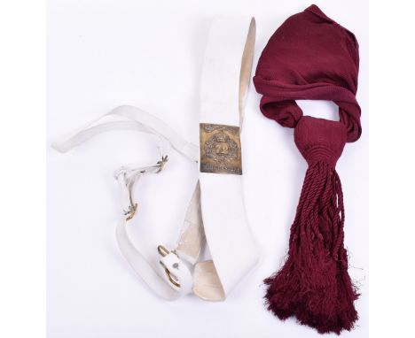 Officers Crimson Waist Sash, with tassel ends; White buff leather cross belt fitted with a reproduction brass 72nd Highlander