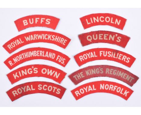 10x WW2 Printed Regimental Shoulder Titles, all being white lettering on red backing, consisting of Lincoln, Royal Norfolk, T