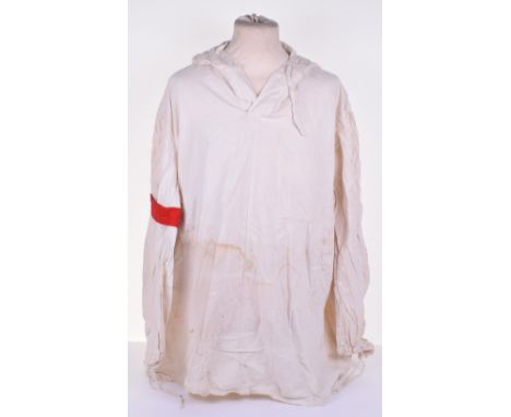 WW2 German Army Winter Camouflage Over Smock, white cloth over smock with one piece hood. Slash side pockets leading to the i