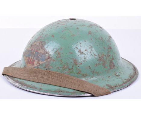 Early Post WW2 Civil Defence Steel Helmet, green painted British steel helmet with decal to the centre. Complete with the ori