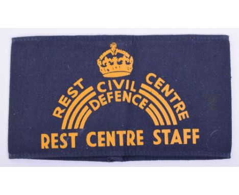Scarce WW2 Civil Defence Rest Centre Staff Armband, yellow on blue painted armband with REST CENTRE over the Civil Defence ar