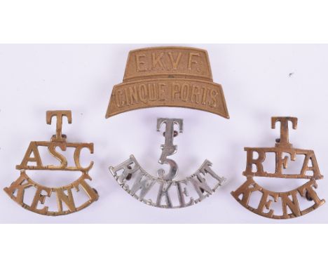Four Kent Territorial / Volunteers Shoulder Titles, consisting of brass T/ASC/KENT with three lug fittings to the reverse, br