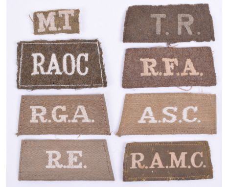 Great War Slip-on Shoulder Titles, consisting of painted Training Reserve (T.R) with tape to the reverse, cut down Army Servi