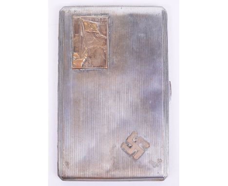 Third Reich Period Cigarette Case, being an engine turned example in silver plate with Saarland rally badge mounted to the co