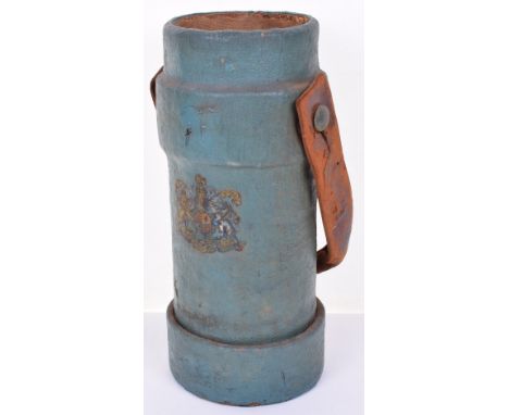 Post 1902 Shell Bucket, painted blue with transfer decal of the post 1902 Royal Arms. Complete with the original leather hand