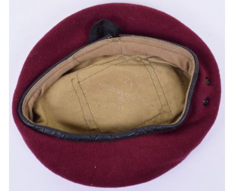 1945 Dated British Airborne Forces / Paratrooper Beret, maroon cloth beret with tan lining having makers details of Kangol We