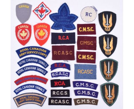 Selection of Canadian Cloth Regimental Shoulder Titles and Formation Signs, including embroidered Royal Canadian Army Service