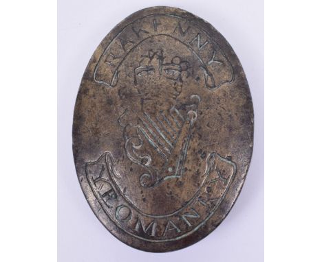 Rare Irish Nationalist Army Rakenny Yeomanry Shoulder Belt Plate Circa 1780-83, brass oval belt plate with crowned winged har