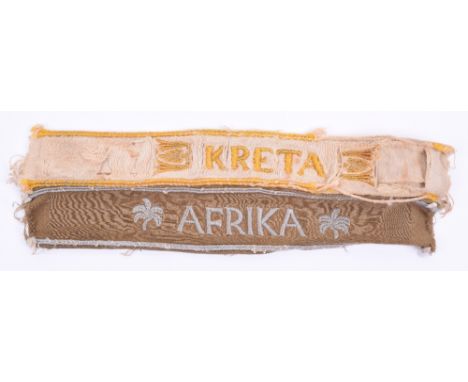 WW2 German Kreta & Afrika Campaign Uniform Cuff Titles, good pair of cuff titles consisting of the KRETA band and AFRIKA with