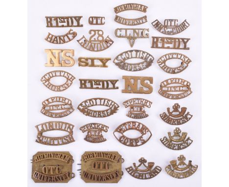 Quantity of Brass Shoulder Titles, including 28/LONDON, oval LONDON SCOTTISH, pair OXFORD UNIVERSITY OTC, pair of BIRMINGHAM 