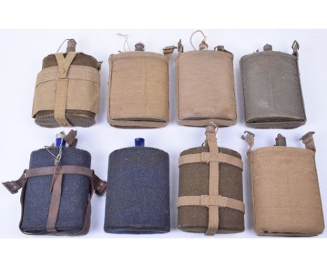 8x WW2 British Army and Royal Air Force Water Bottles, all with the felt covering and with various types of webbing and leath