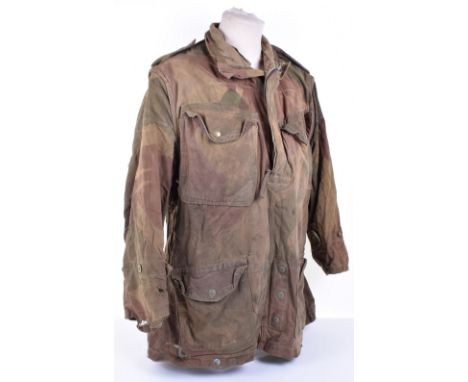 WW2 British Airborne Forces Denison Smock, being a well worn example, having half zip front, brass press stud buttons to the 
