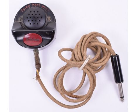 WW2 German Microphone, in black bakelite with “Feind hort mit!” above the mouth piece and red central button “Drucken”. Compl