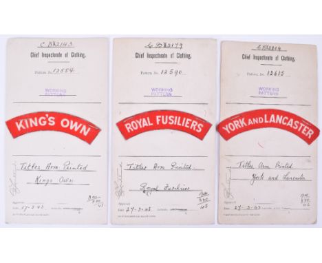 3x 1943 Sealed Pattern Printed Shoulder Titles, all mounted onto Chief Inspectorate of Clothing Working Pattern and Royal Arm
