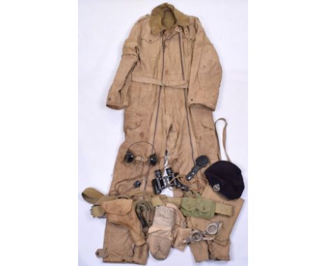 WW2 1944 Royal Tank Regiment Grouping, consisting of heavy canvas tank suit with two full zips to the front. Breast pockets a