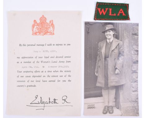 Women’s Land Army (WLA) Attributed Shoulder Title, embroidered red on green slip on shoulder title with tape to the reverse. 