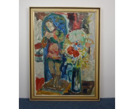 STACHELSCHEID, KARL (Duisburg 1917-1970 Krefeld), Gemälde: "Stillleben: Barockfigur mit Blumen", Öl auf Leinwand, unten links