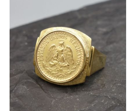 MÜNZRING mit mexikanischer Goldmünze, Fassung aus 585er Gelbgold (5,5 g). Münze mit Adler, bezeichnet "Estados Unidos Mexican