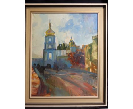 KRASNOV, ALEXEIJ (geb. 1923), Gemälde: "Stadtlandschaft mit Kirche", Öl auf Leinwand, u. r. kyrillisch signiert sowie revers 