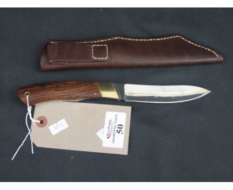 An Allan Wood handmade hunting knife with single edged steel blade.  Elm scales with brass nose and Lanyard eye.  Heavy quali